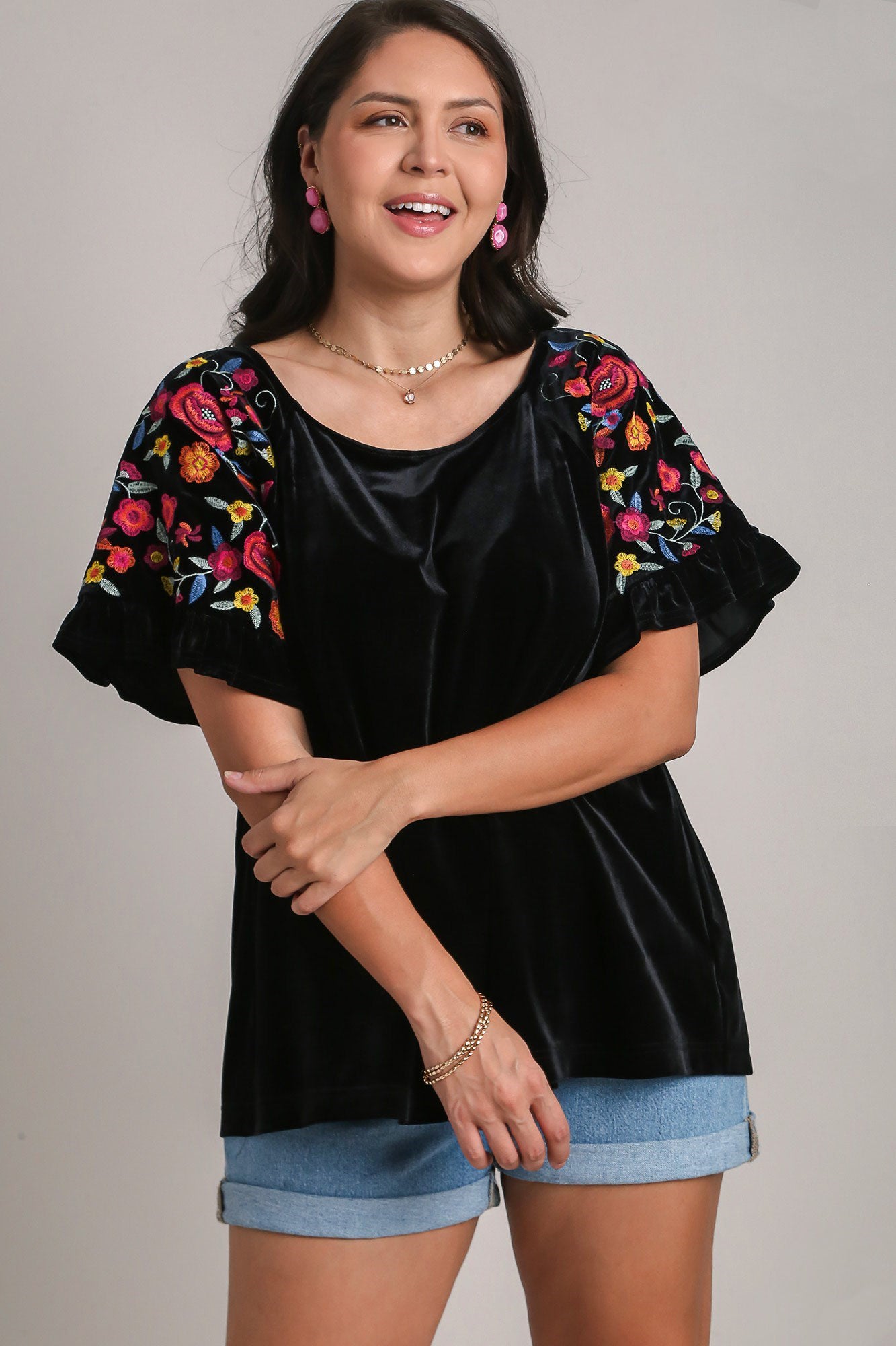 Full Size Velvet Embroidery Short Sleeve Blouse