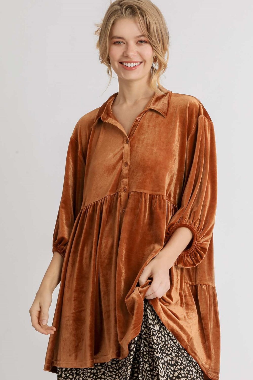 Button Down Tiered Back High Low Shirt
