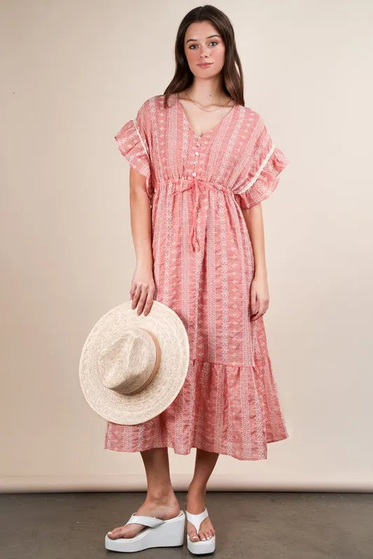 Embroidered Boho Ruffled Midi Dress