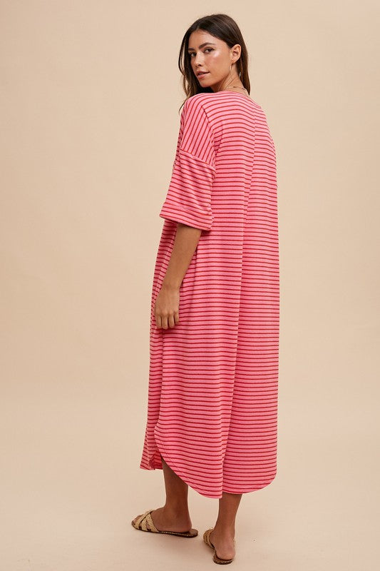 Striped Round Neck Terry Midi Dress