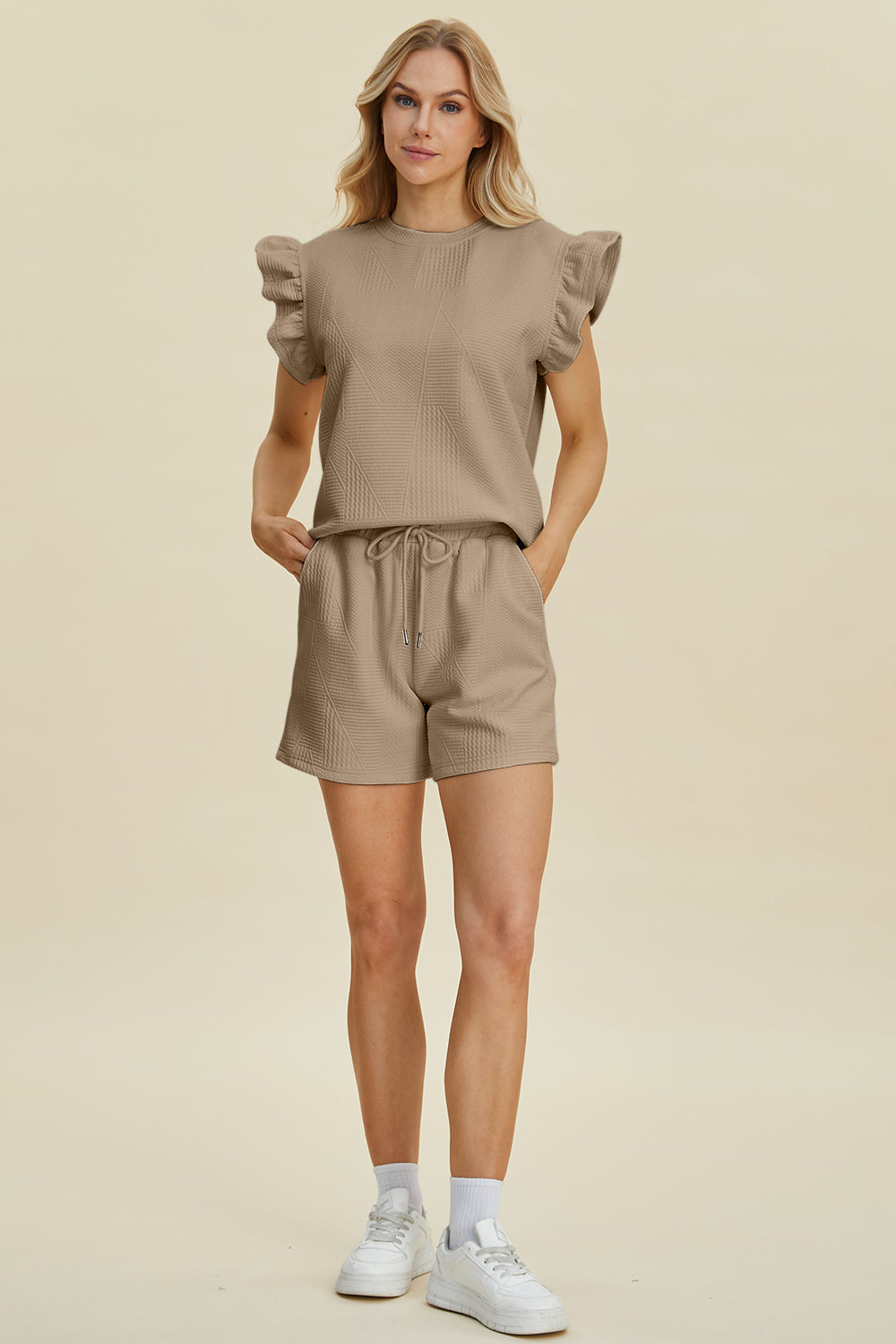 Full Size Texture Round Neck Ruffle Sleeve Top and Shorts Set