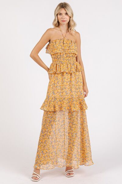 Ruffled Smocked Floral Halter Neck Maxi Dress