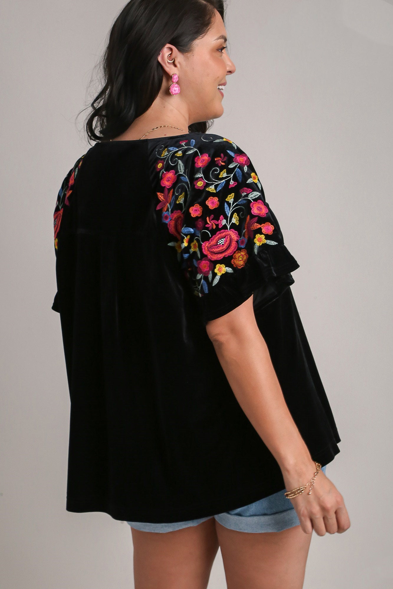 Full Size Velvet Embroidery Short Sleeve Blouse