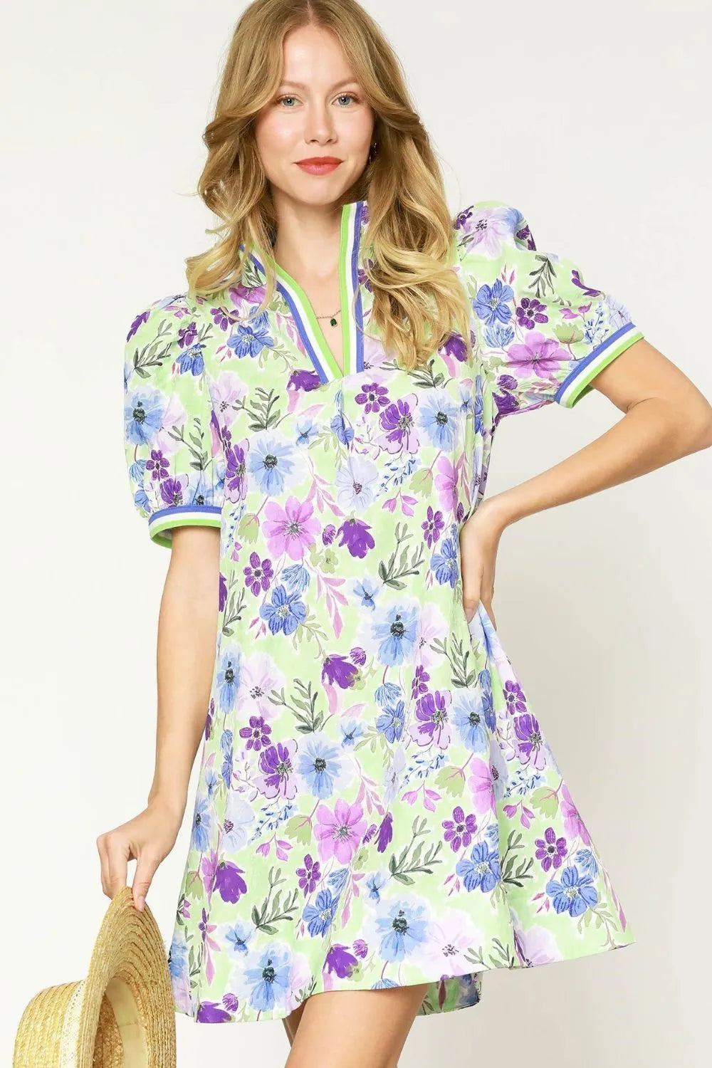 Floral Print Short Puff Sleeve Mini Dress