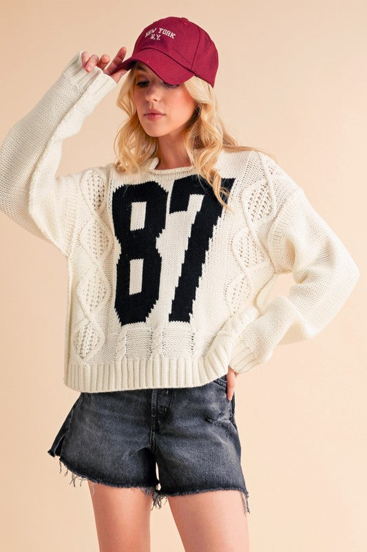 Contrast Number Cable Knit Drop Shoulder Sweater,