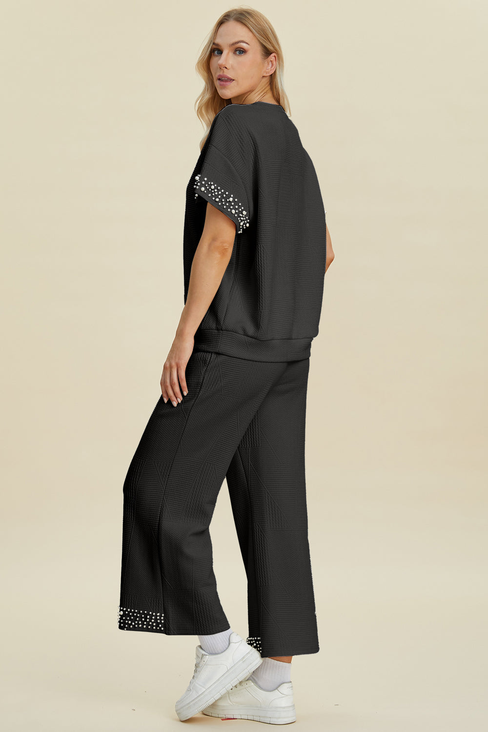 Full Size Pearl Detail Round Neck Top and Pants Set