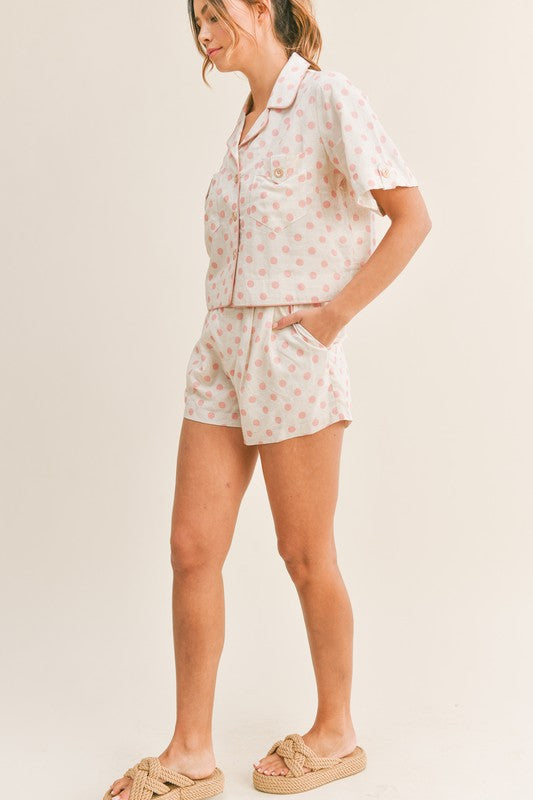 MABLE Polka Dot Collar Crop Top and Short Lounge Set