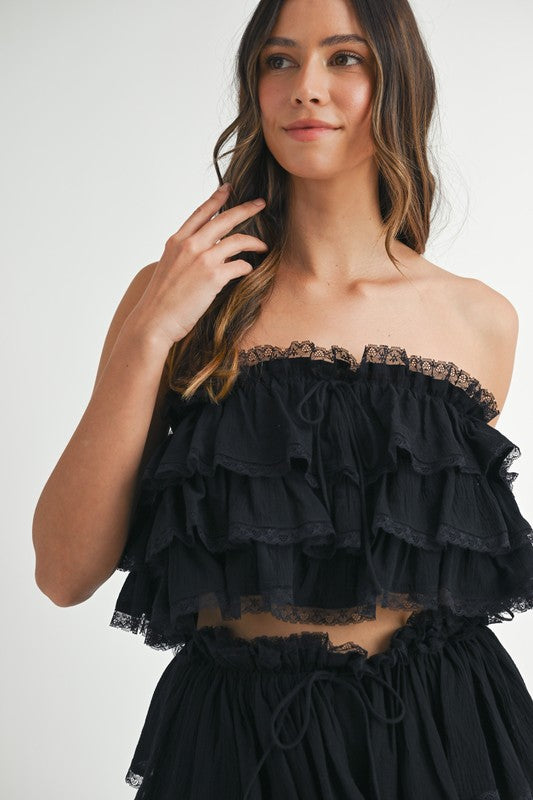 MABLE Ruffle Layered Crop Top and Mini Skirt Set