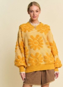 Flower Texture Round Neck Dropped Shoulder Sweater