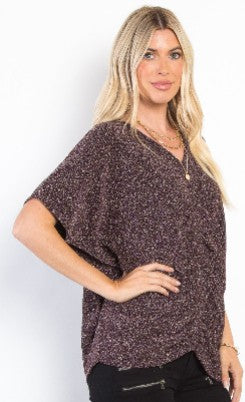 Full Size Lurex Center Elastic Cinched Knit Top