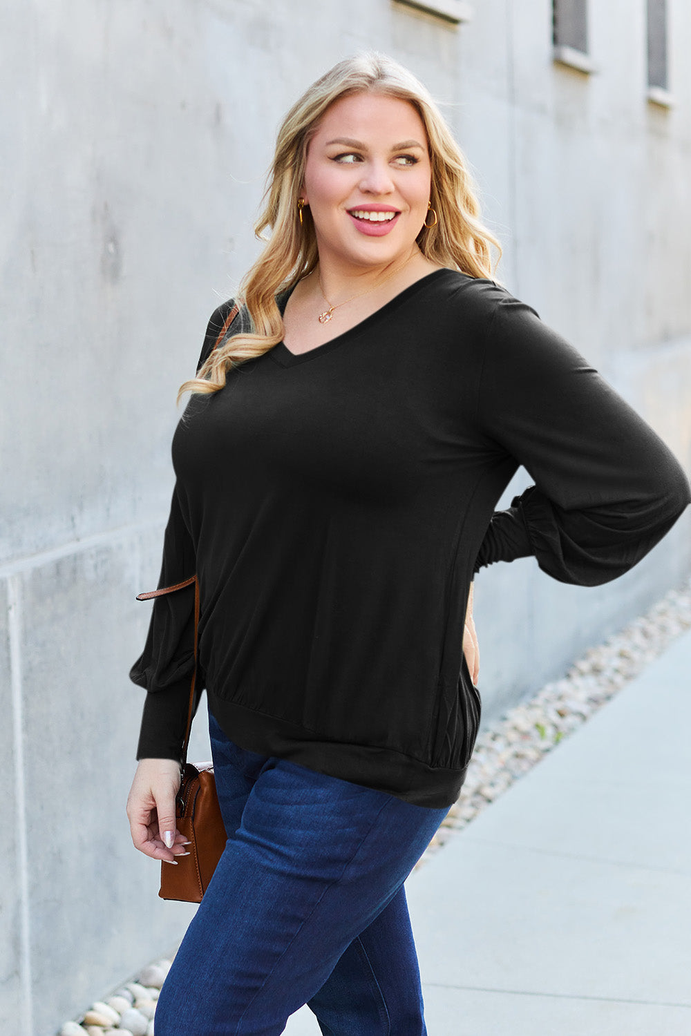 Full Size V-Neck Lantern Sleeve Top