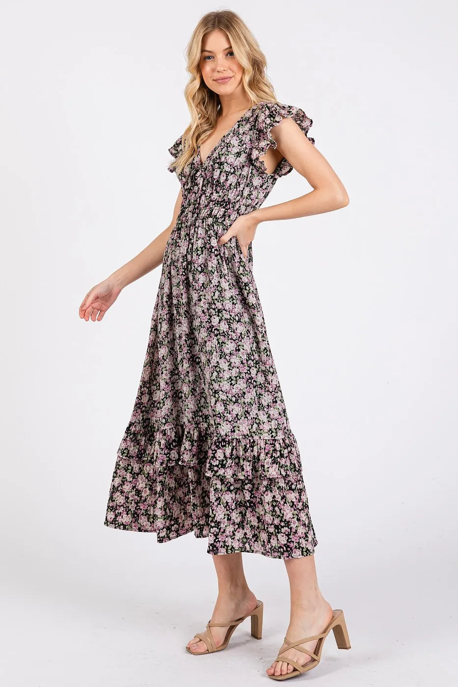 Flower Print Ruffle Cap Sleeve V-neck Midi Dress