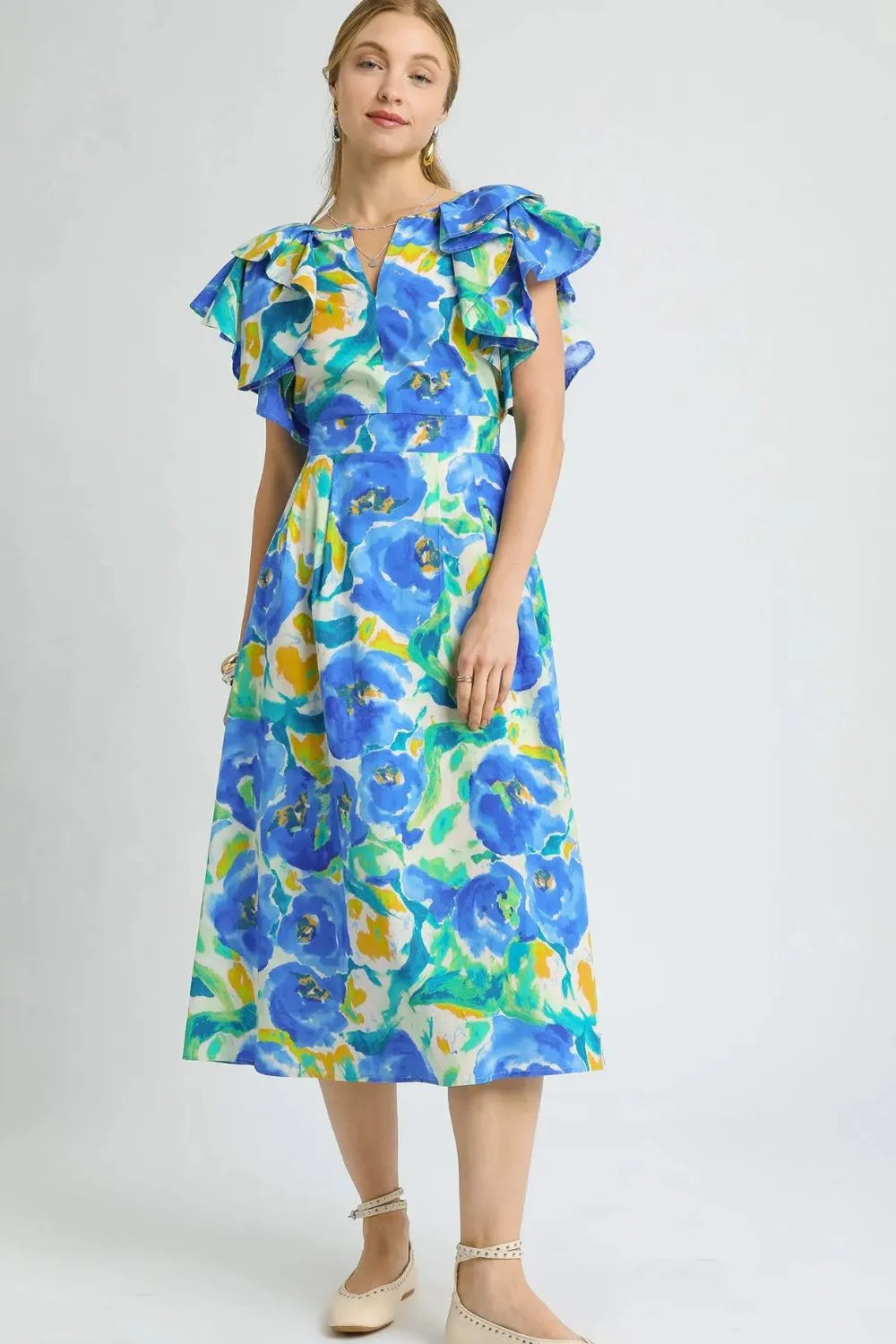 Floral Ruffled Cap Sleeve Midi Dress
