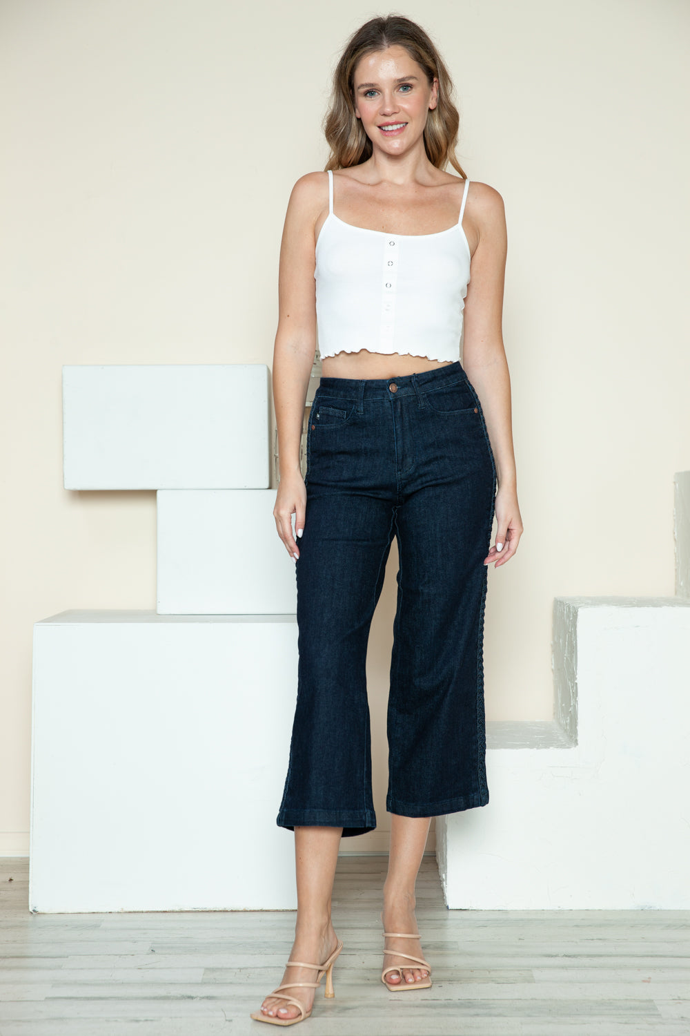 Full Size Side Seam Braid Detail Crop Wide Leg Jeans