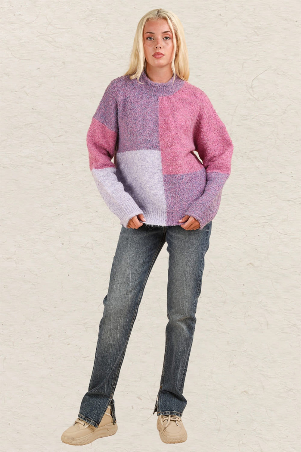 Colour Block Mock Neck Drop Shoulder Sweater