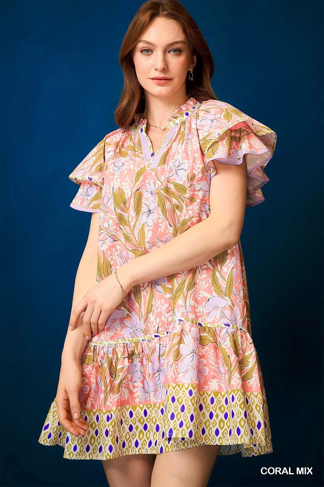 Floral Ruffle-Sleeve Tunic Dress