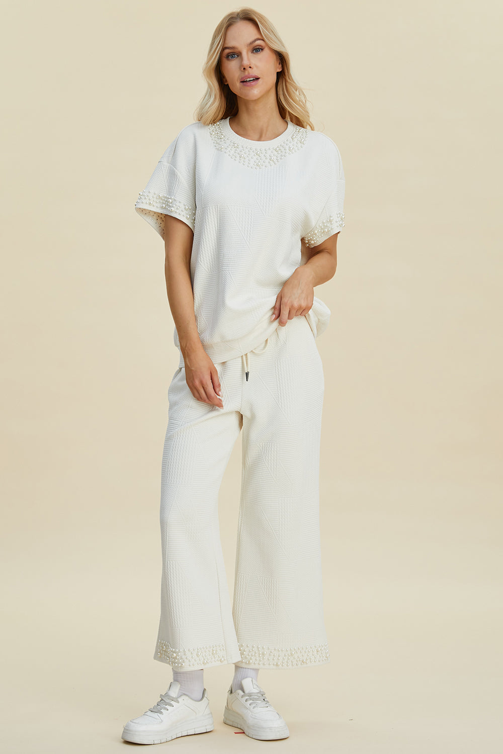 Full Size Pearl Detail Round Neck Top and Pants Set