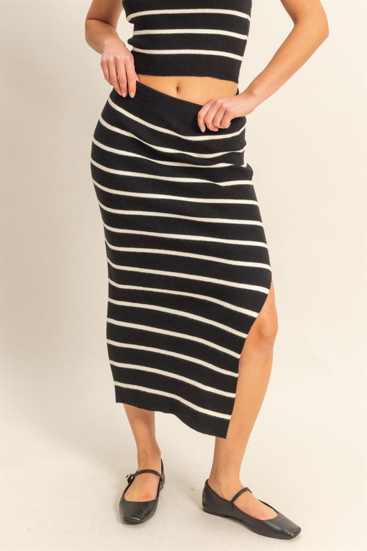 Side Slit Striped Bodycon Sweater Skirt