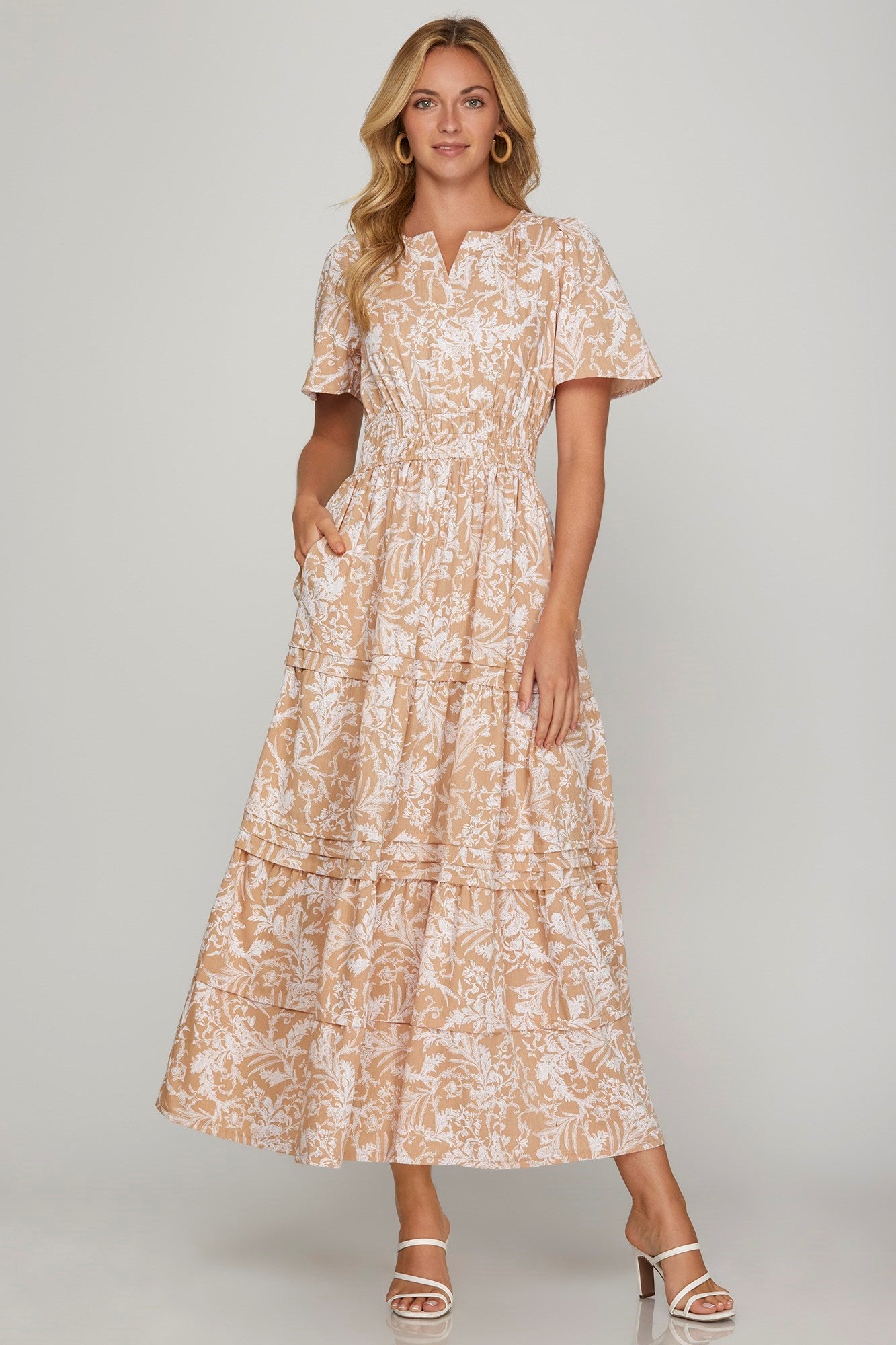 Printed Notched Woven Tiered Pintuck Maxi Dress with Side Pockets