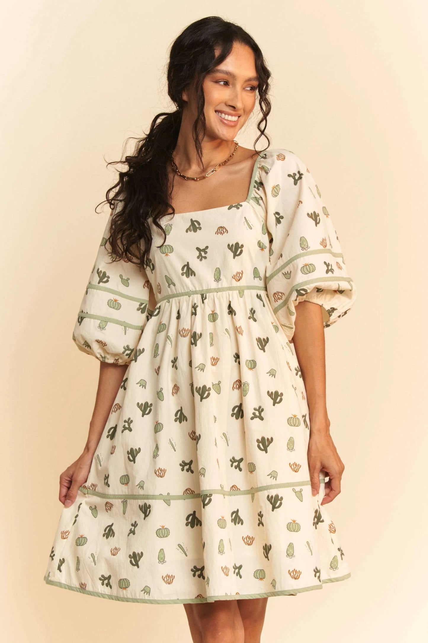 Cactus Printed Poplin Contrast Piping Mini Dress