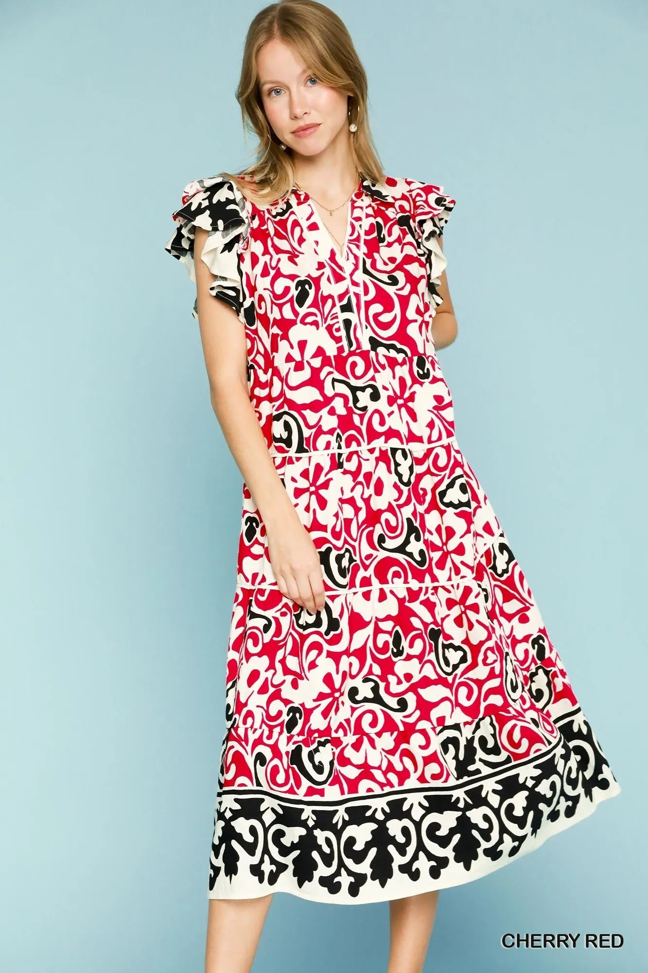 Printed Ruffled Cap Sleeve Midi Dress
