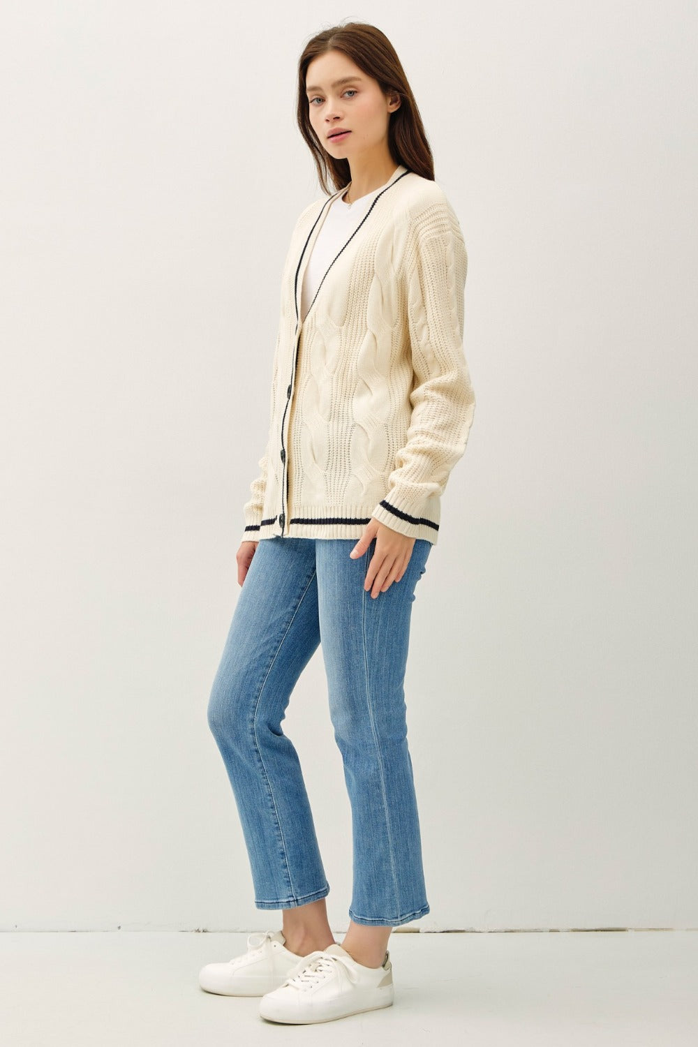 Contrast Trim Cable-Knit V-Neck Cardigan...