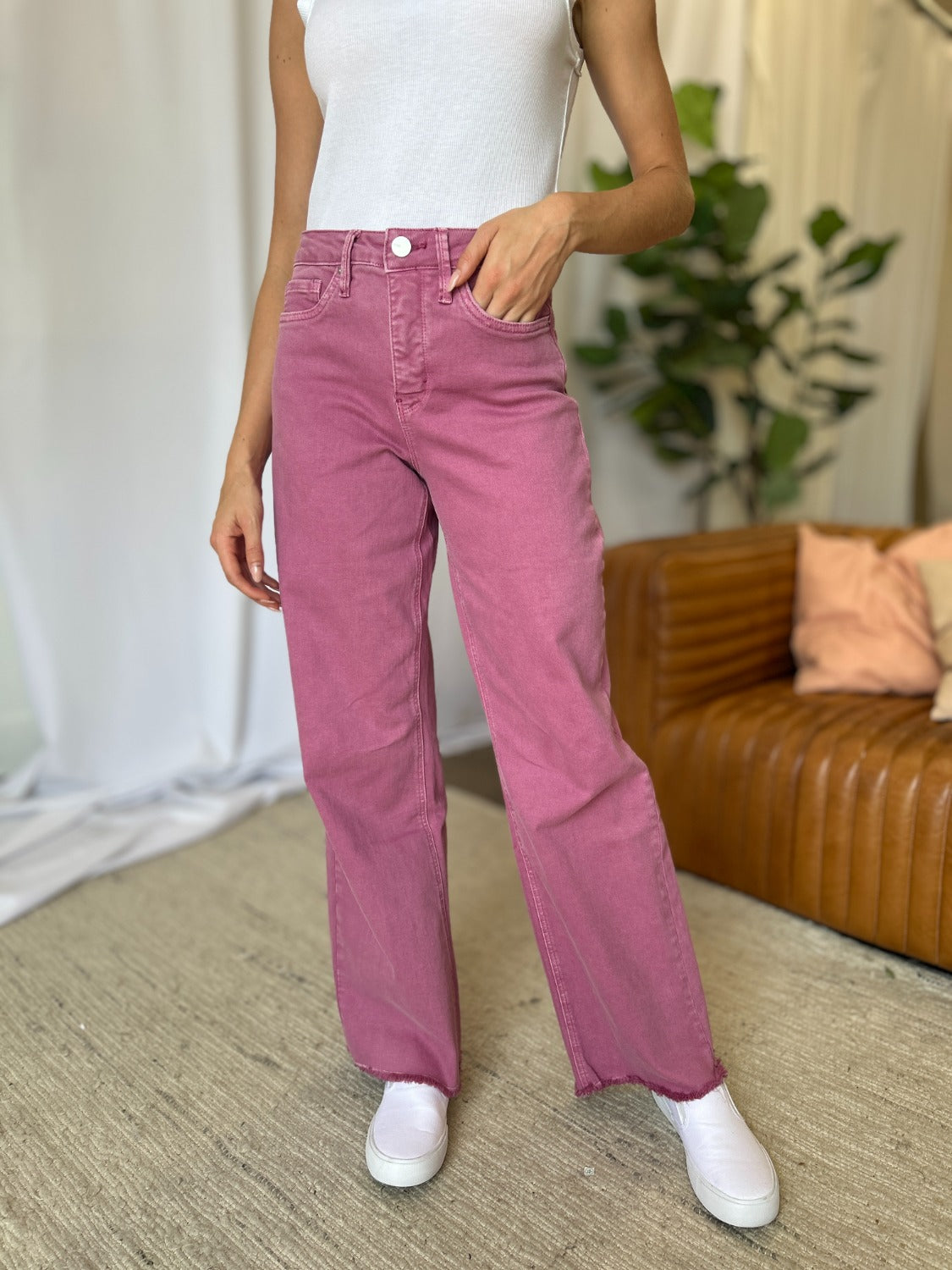 Full Size High Rise Garment Dye Wide Leg Jeans