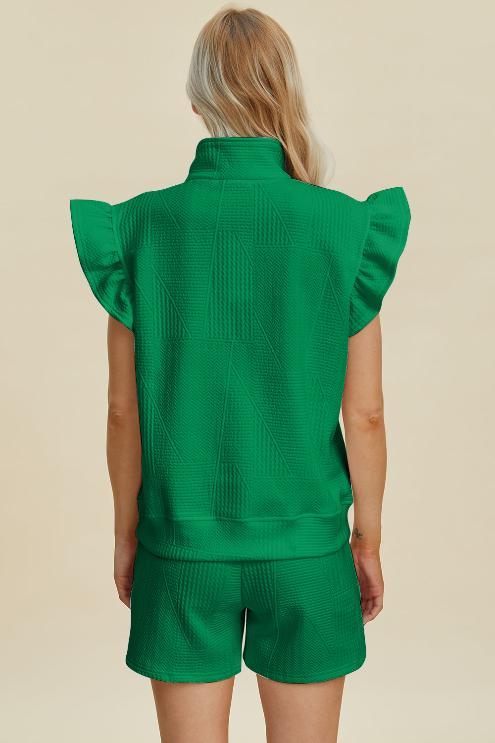 Full Size Texture Flounce Sleeve Top and Shorts Set