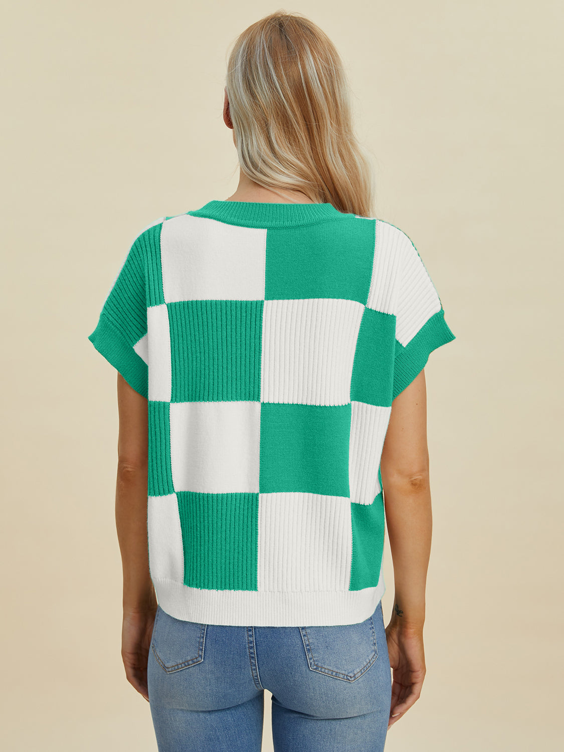 Full Size Chickened Round Neck Short Sleeve Sweater