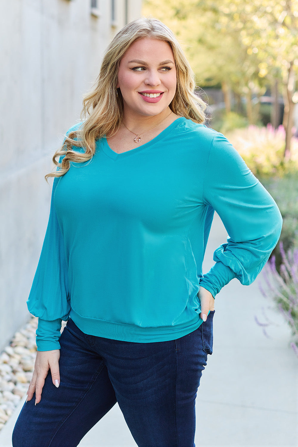 Full Size V-Neck Lantern Sleeve Top