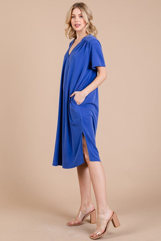 Side Slit Short Sleeve Midi Dress with Pockets