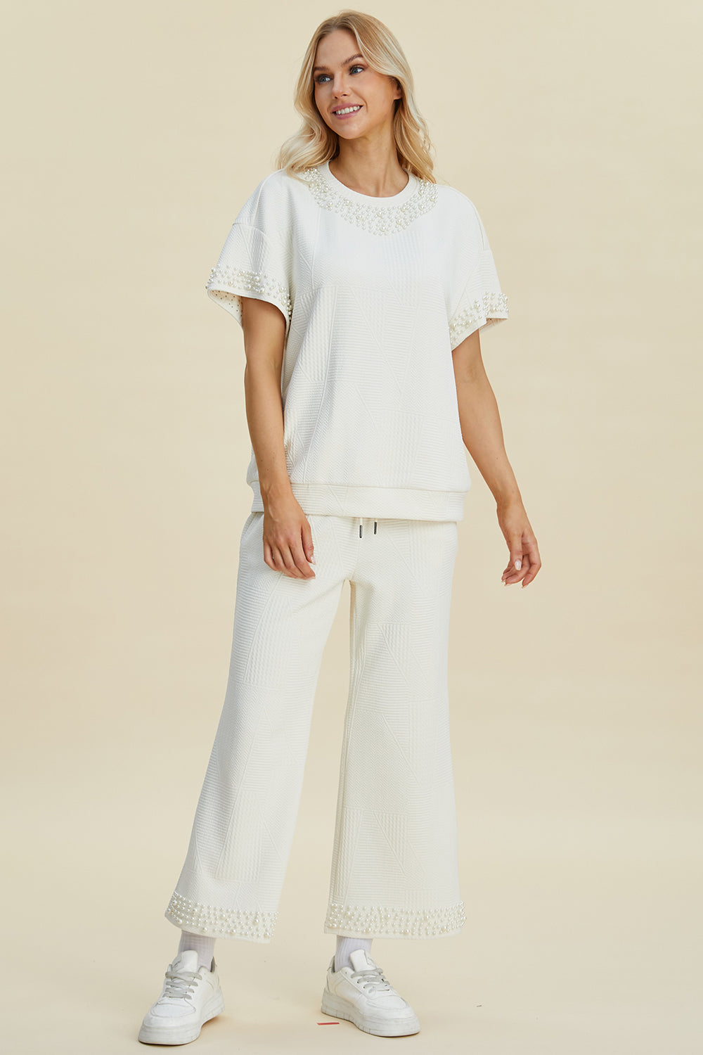 Full Size Pearl Detail Round Neck Top and Pants Set