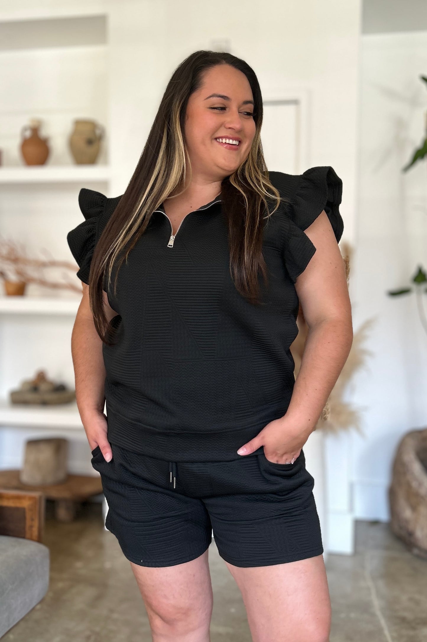Full Size Texture Flounce Sleeve Top and Shorts Set