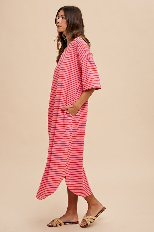 Striped Round Neck Terry Midi Dress