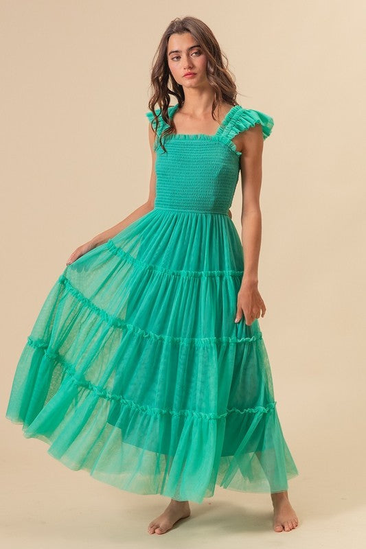 Frill Mesh Tiered Midi Dress