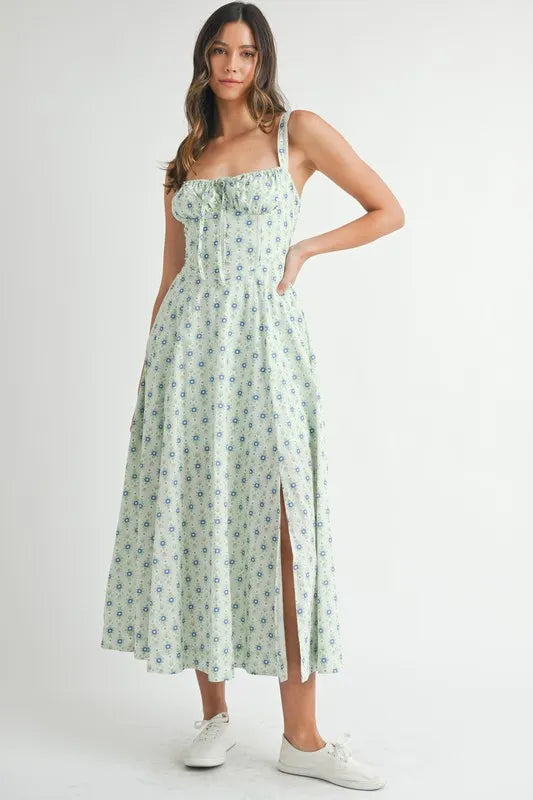 Floral Print Bustier Back Lace Up Midi Dress