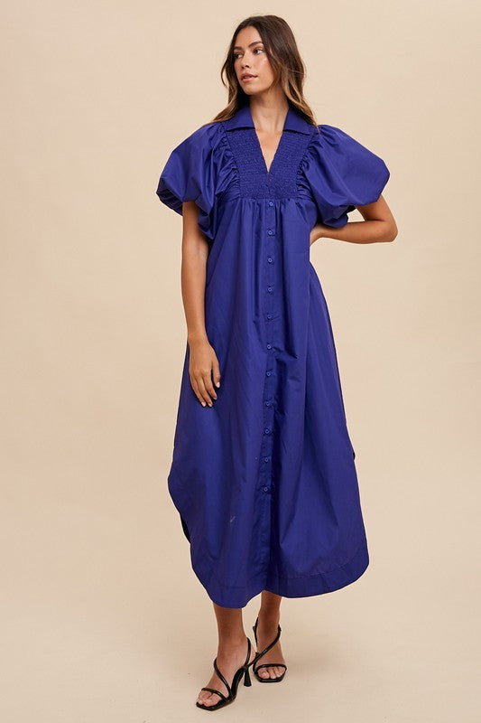 Smocked Puff Sleeve Midi Dress