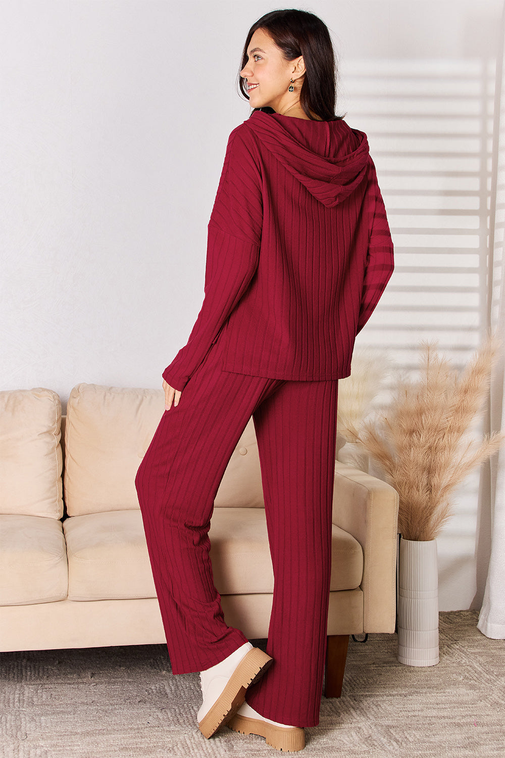 Full Size Ribbed Drawstring Hooded Top and Straight Pants Set