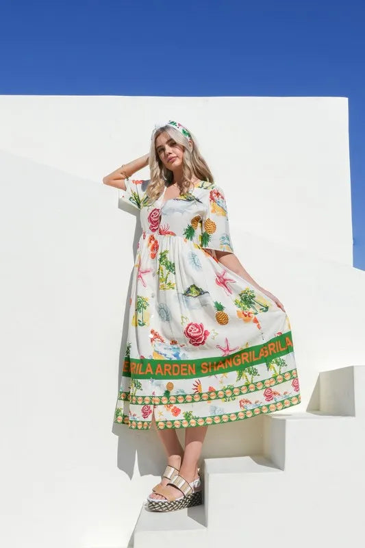 Button Down Printed Midi Dress