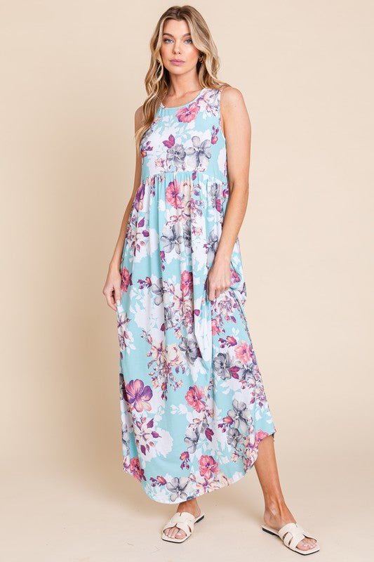 Floral Round Neck Sleeveless Maxi Dress with Pockets