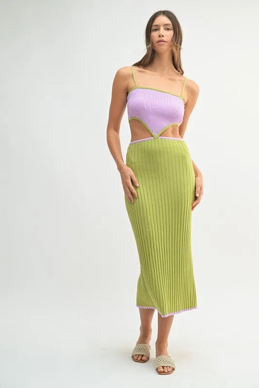 Ribbed Knit Colour Block Cut-out Midi Dress