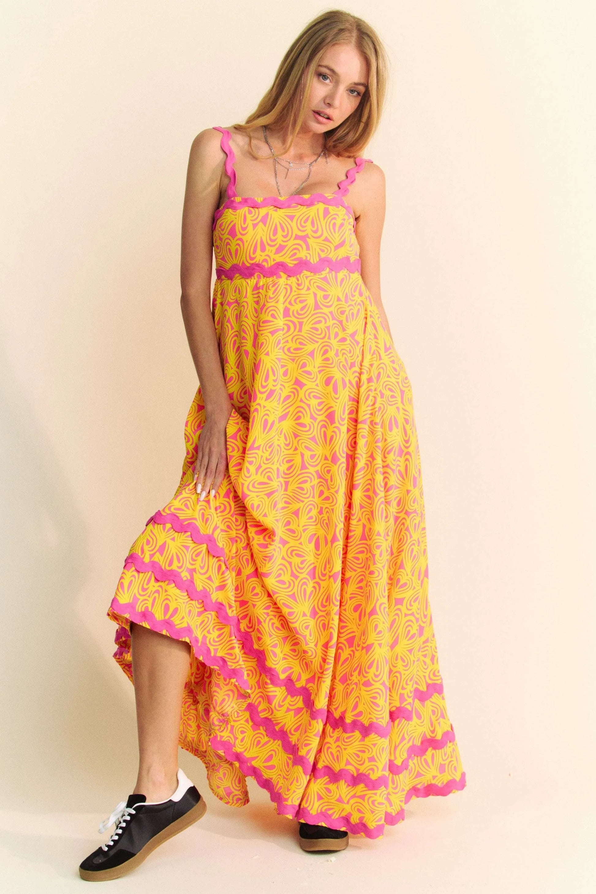 Geo Tow Tone Printed Wavi Trim Tiered Maxi Dress