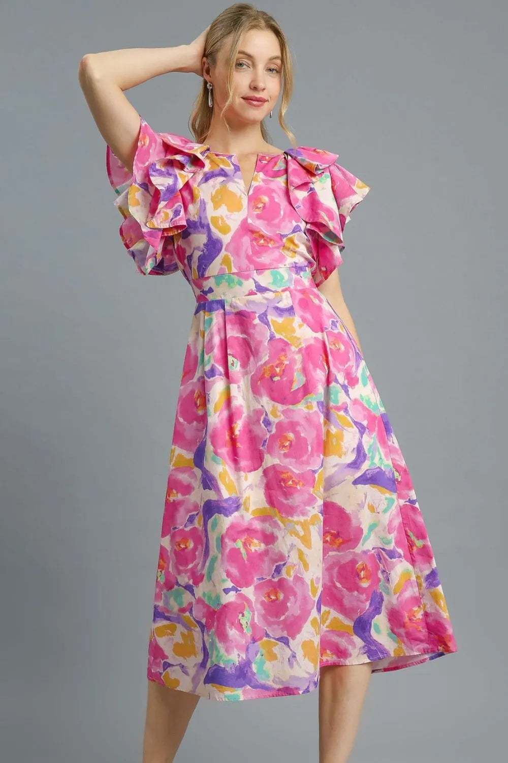 Floral Ruffled Cap Sleeve Midi Dress