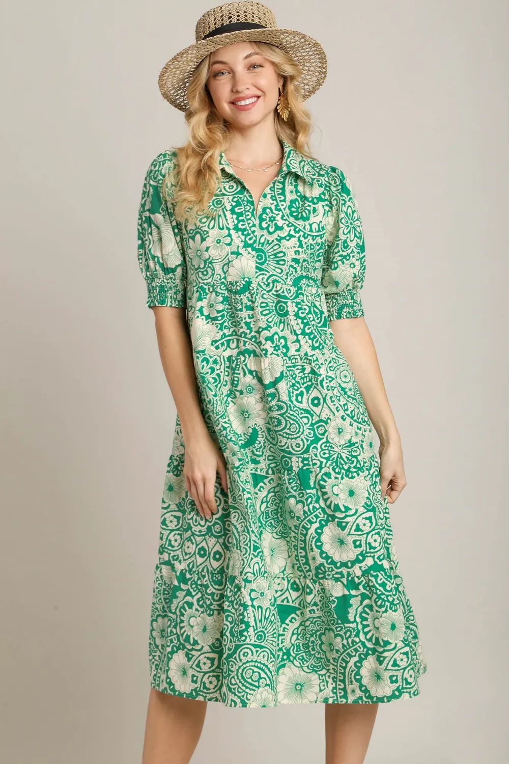 Printed Smocked Cuff Puff Sleeve Midi Dress Plus Size