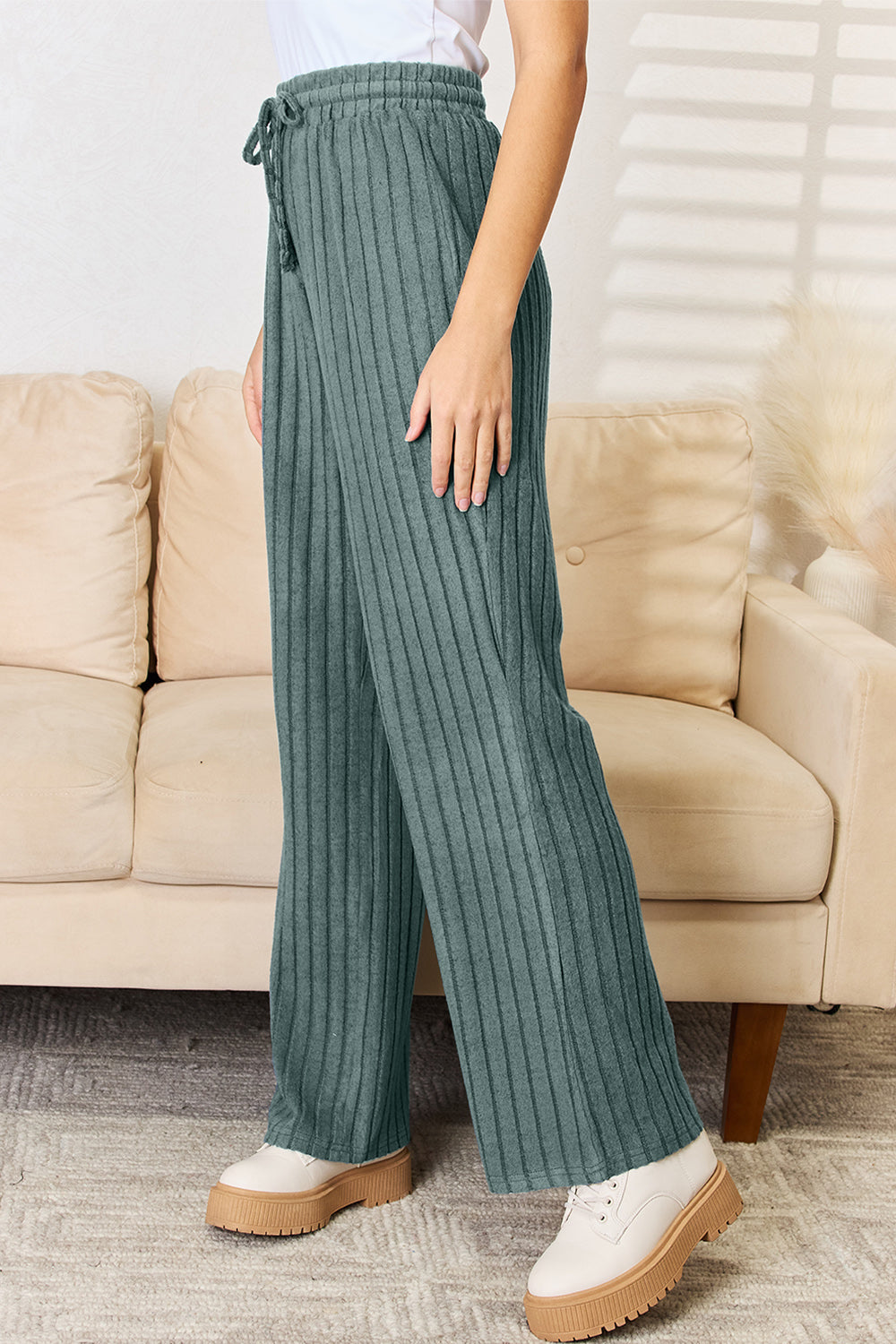 Full Size Ribbed Drawstring Hooded Top and Straight Pants Set