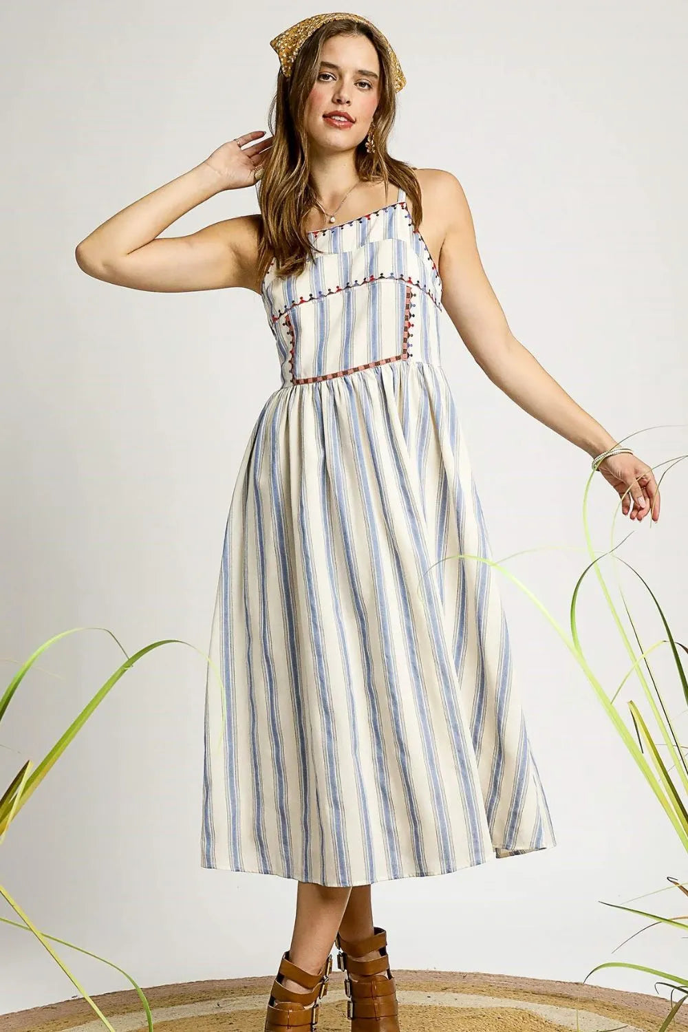 Striped Colourful Embroidered Trim Cami Dress
