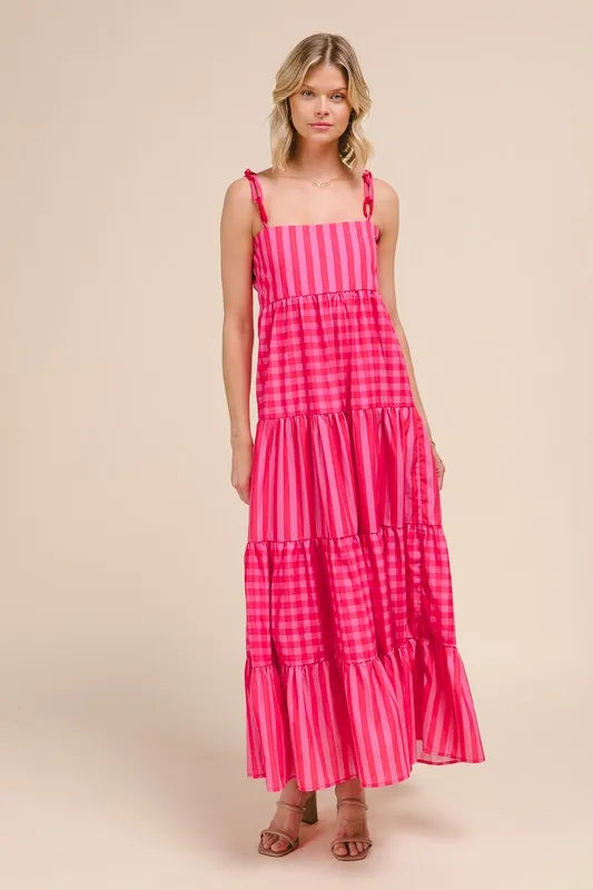 Stripe Tiered Maxi Dress with Colourful Chain Strap