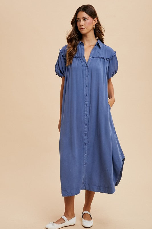 Mineral Washed Button Down Puff Sleeve Shirt Dress
