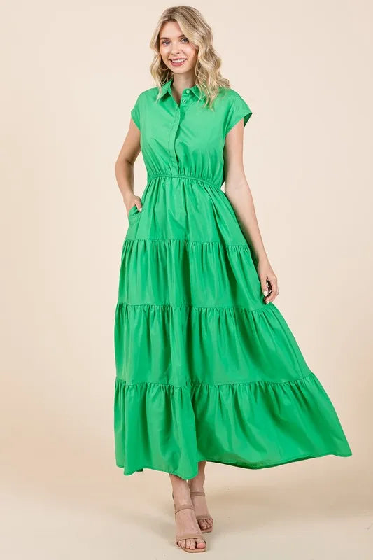 Button Up Collared Tiered Maxi Shirt Dress