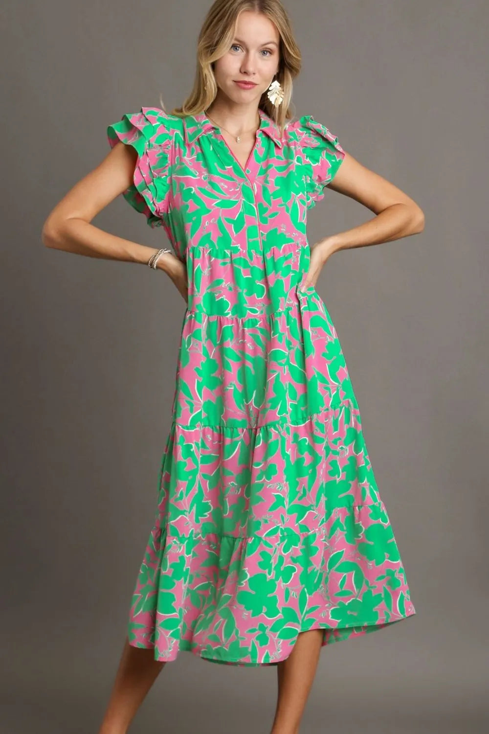 Floral Collared Ruffle Cap Sleeve Midi Dress Plus Size